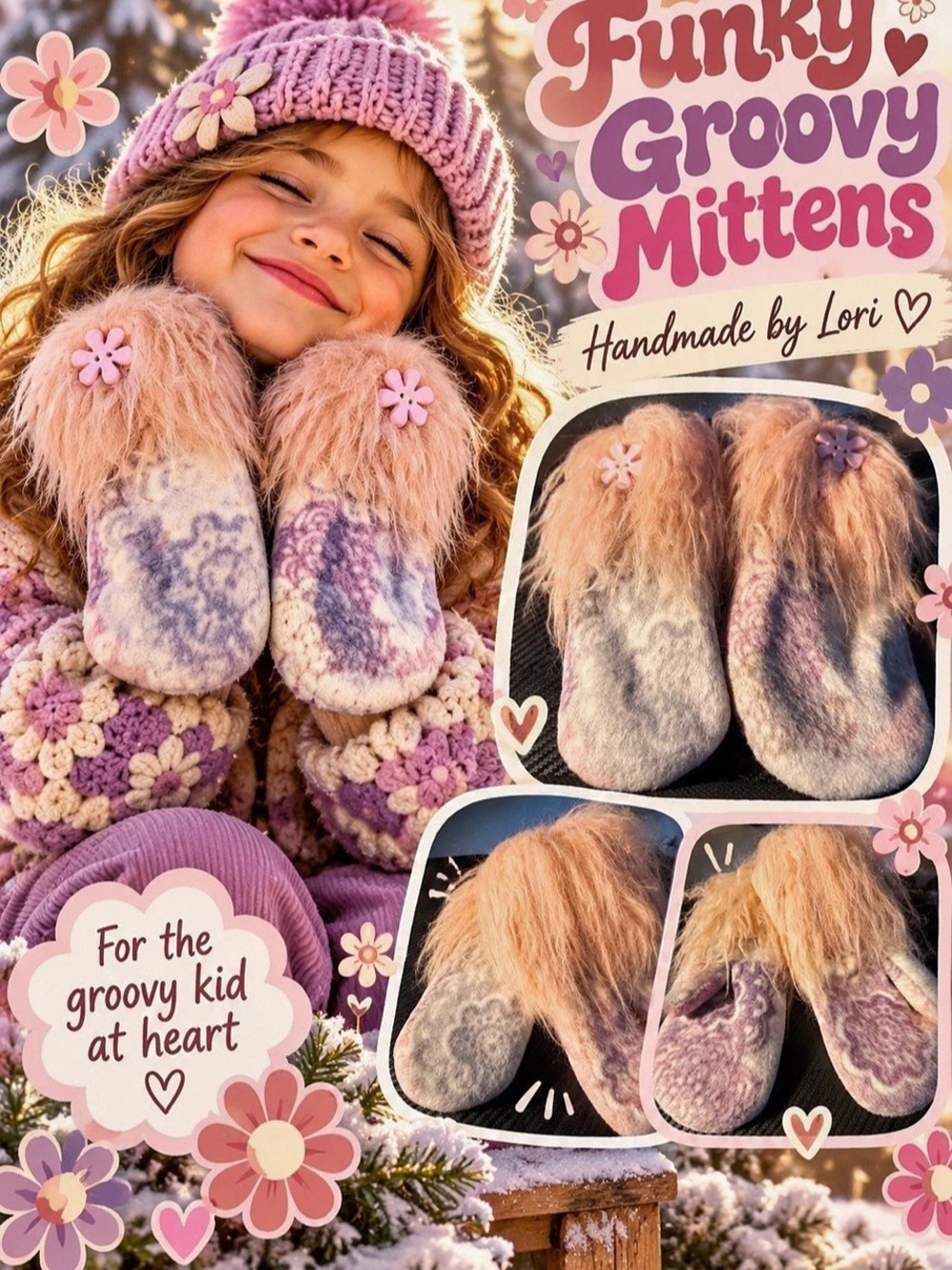 Handmade Kids Mittens in Pink & Purple Like New by Lori NWT